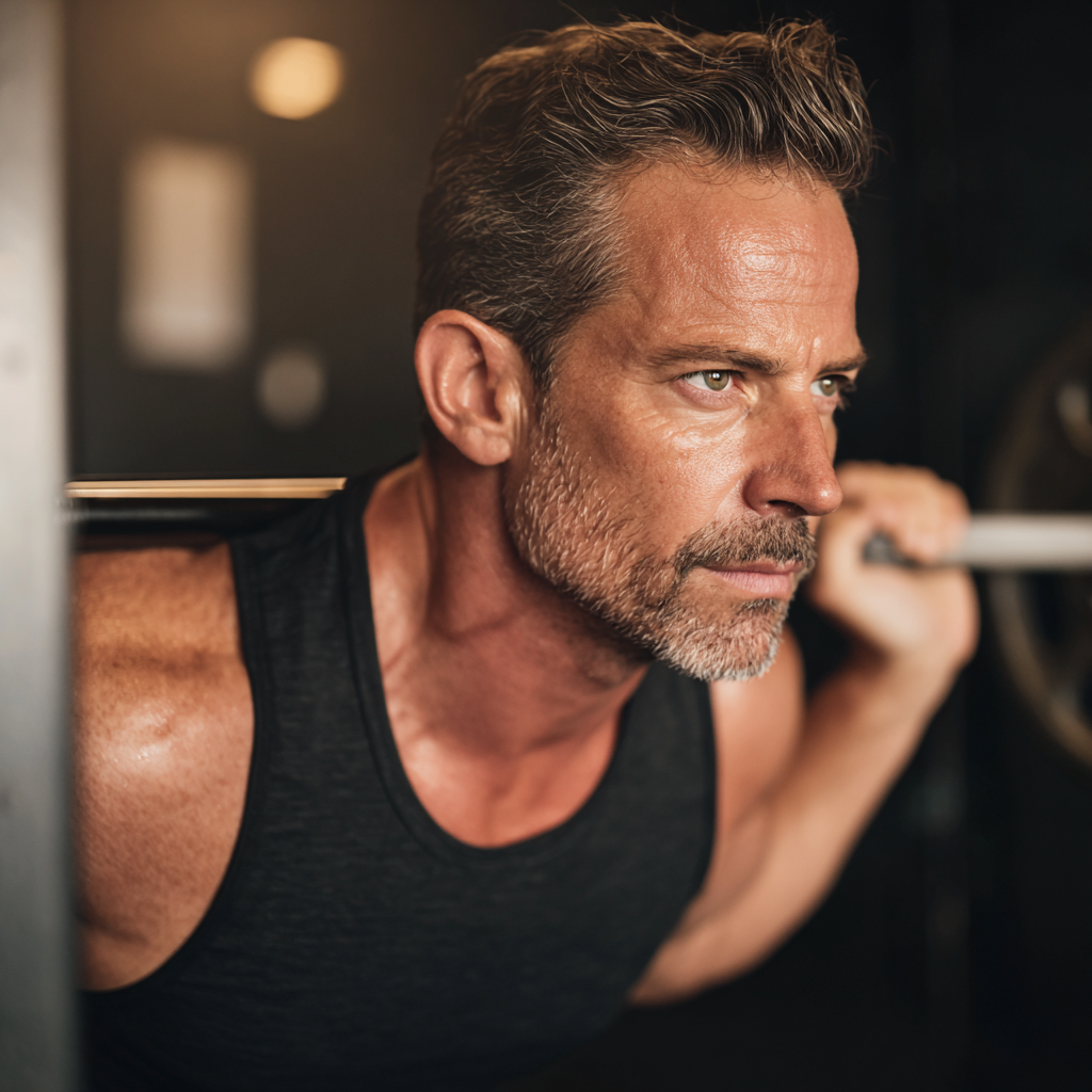 Middle-aged man focused on strength training workout